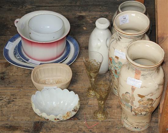 Pr Satsuma pottery vases (chip 1 rim), Japanese vase, Minton dish, etc